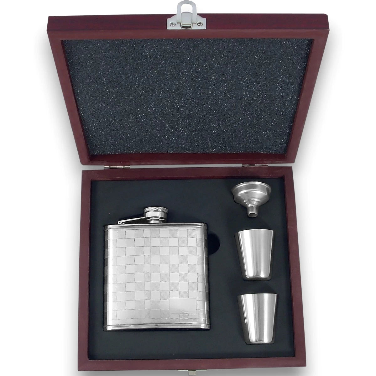 Flachmann Set mit Gravur – Edelstahl-Karo-Design inkl. Becher & Trichter in Geschenkbox