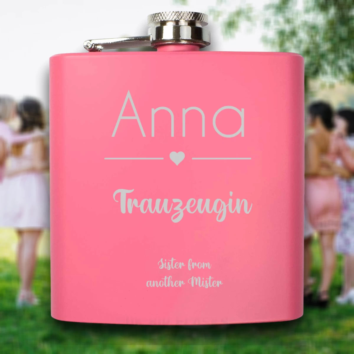 Personalisierter Flachmann für Trauzeugin – Rosa Design mit Herz, Name & Wunschtext