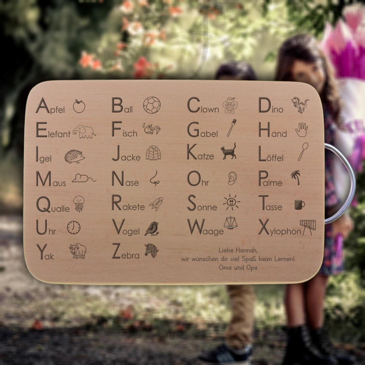 Frühstücksbrettchen ABC mit deinem Namen – Personalisiertes Geschenk zur Einschulung mit Buchstaben & Wunschtext