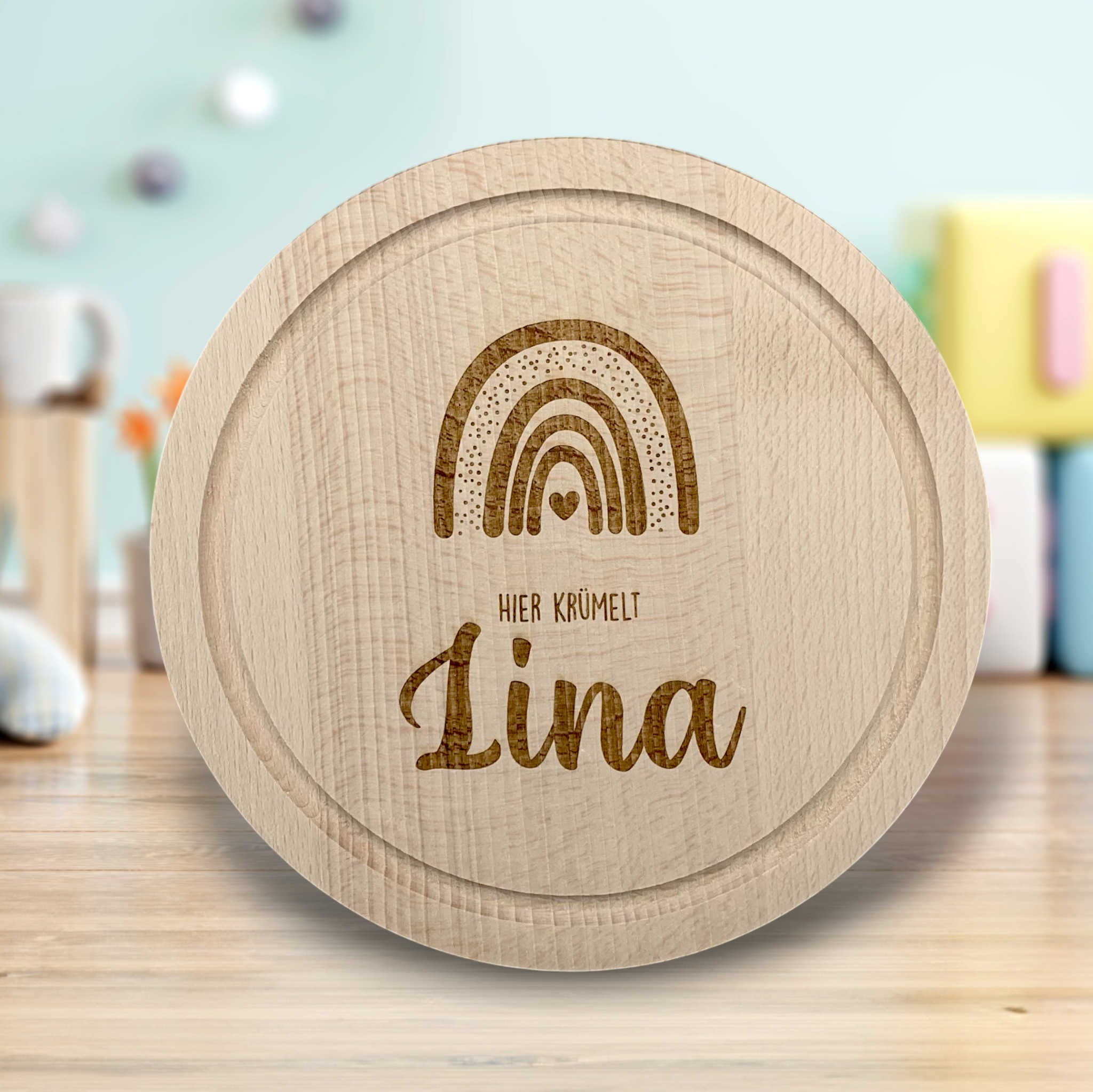 Frühstücksbrett rund personalisiert "Regenbogen"