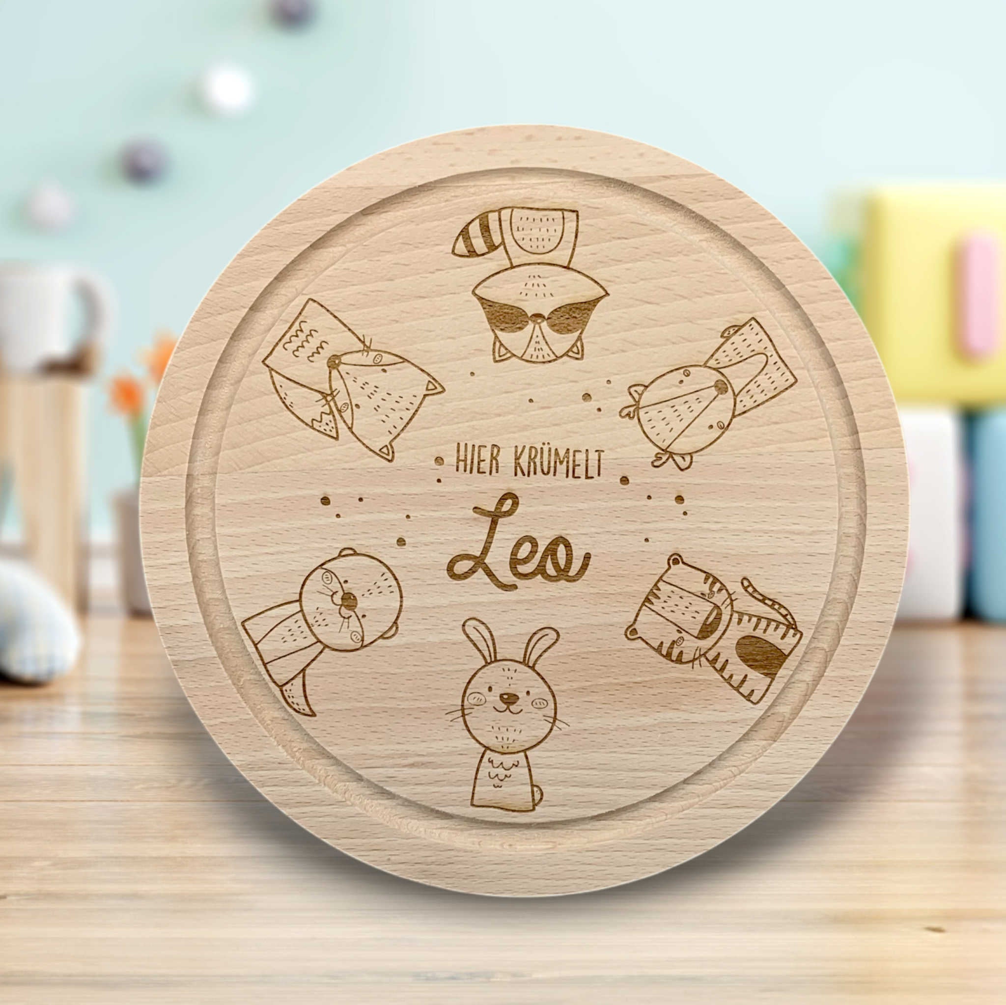 Frühstücksbrettchen rund personalisiert "Tiere"