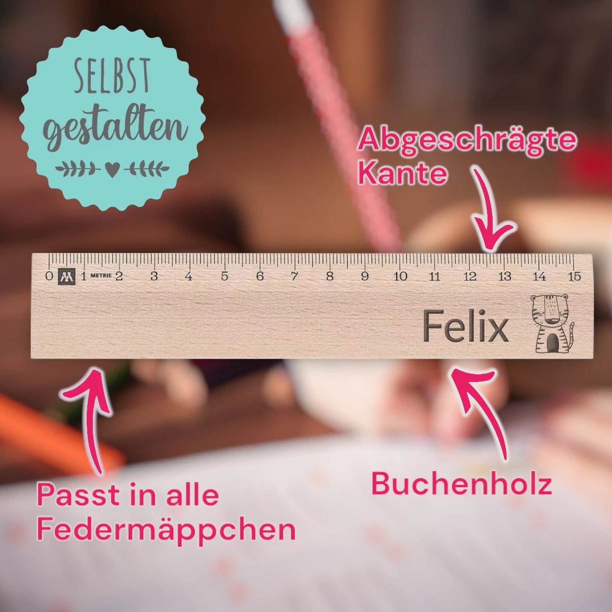 Perstonalisiertes Kinder-Holzlineal 15 cm – mit Name & Motiv graviert