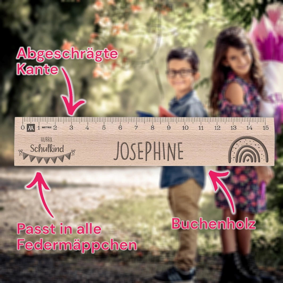 Lineal zur Einschulung - 15 cm – mit Name, Wimpelkette & Regenbogen