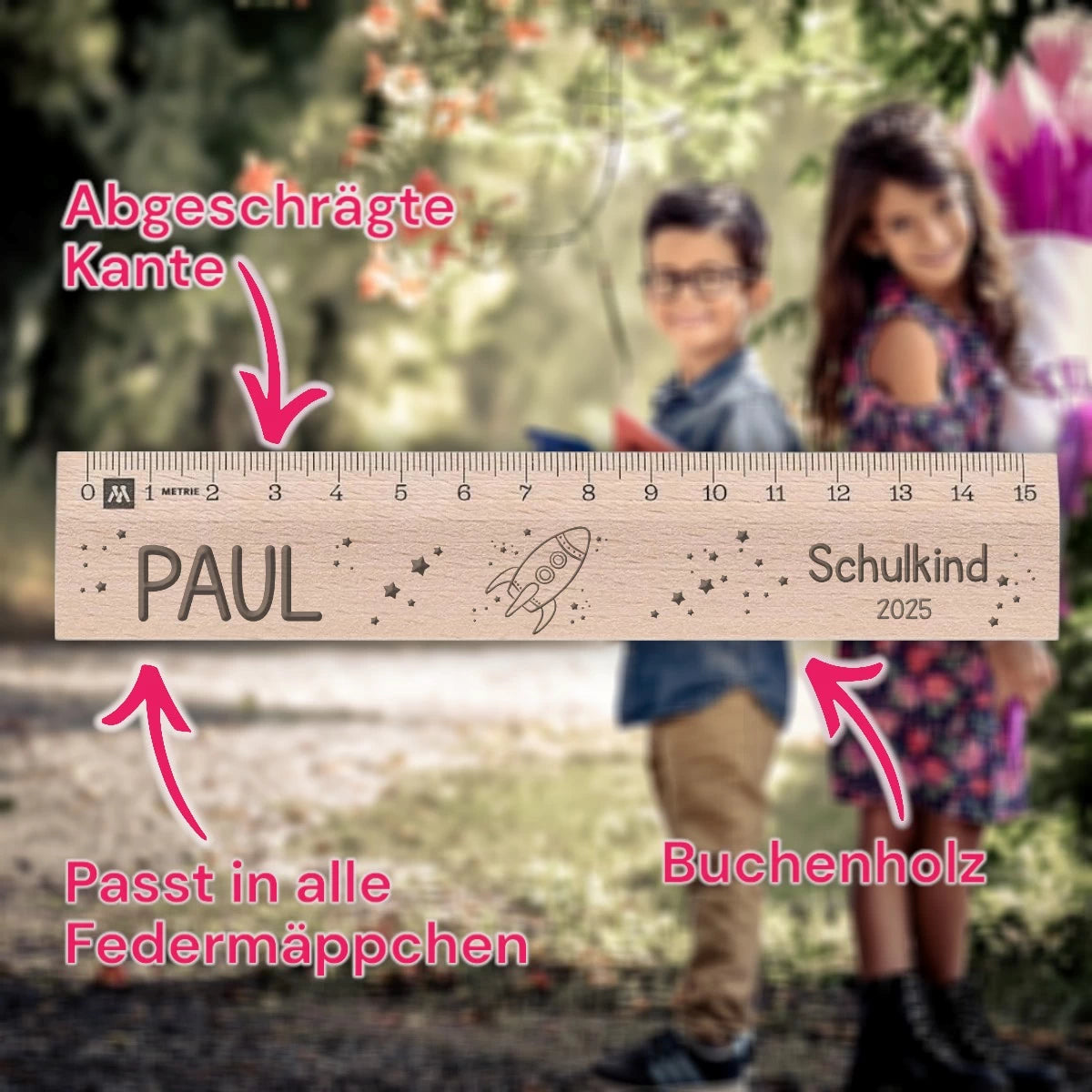 Einschulungs-Lineal 15 cm – mit Name, Jahr & Raketenmotiv graviert