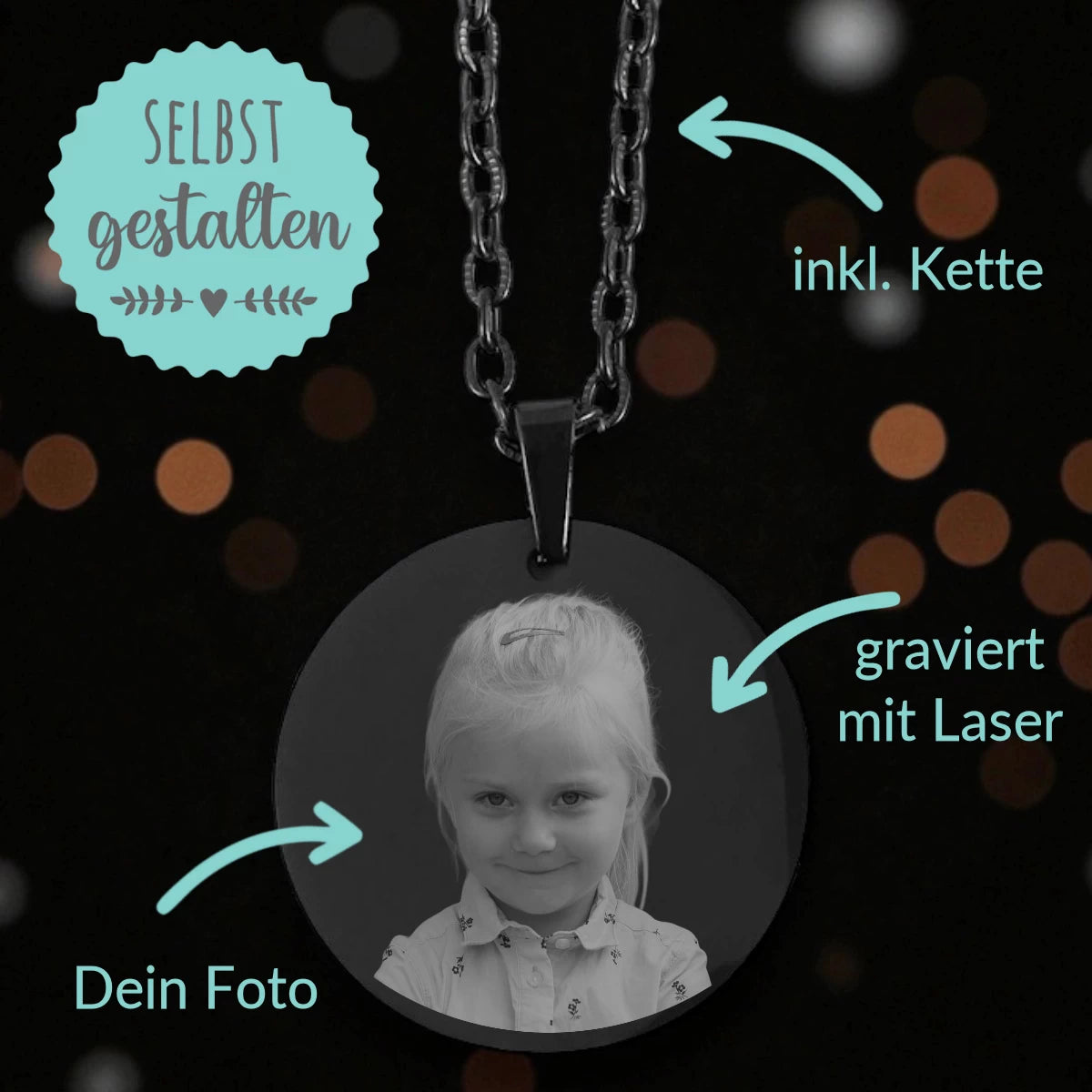 Personalisierte Kette mit Foto | Schwarzer Edelstahl Anhänger Rund 25 mm mit Lasergravur | Inkl. Kette