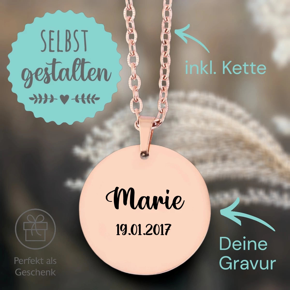 Personalisierte Kette Roségold – Runder Edelstahl Anhänger (25 mm) mit Gravur & Kette