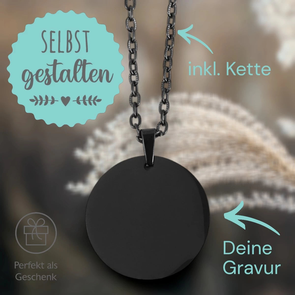 Personalisierte Kette Schwarz – Runder Edelstahl Anhänger (25 mm) mit Gravur & Kette
