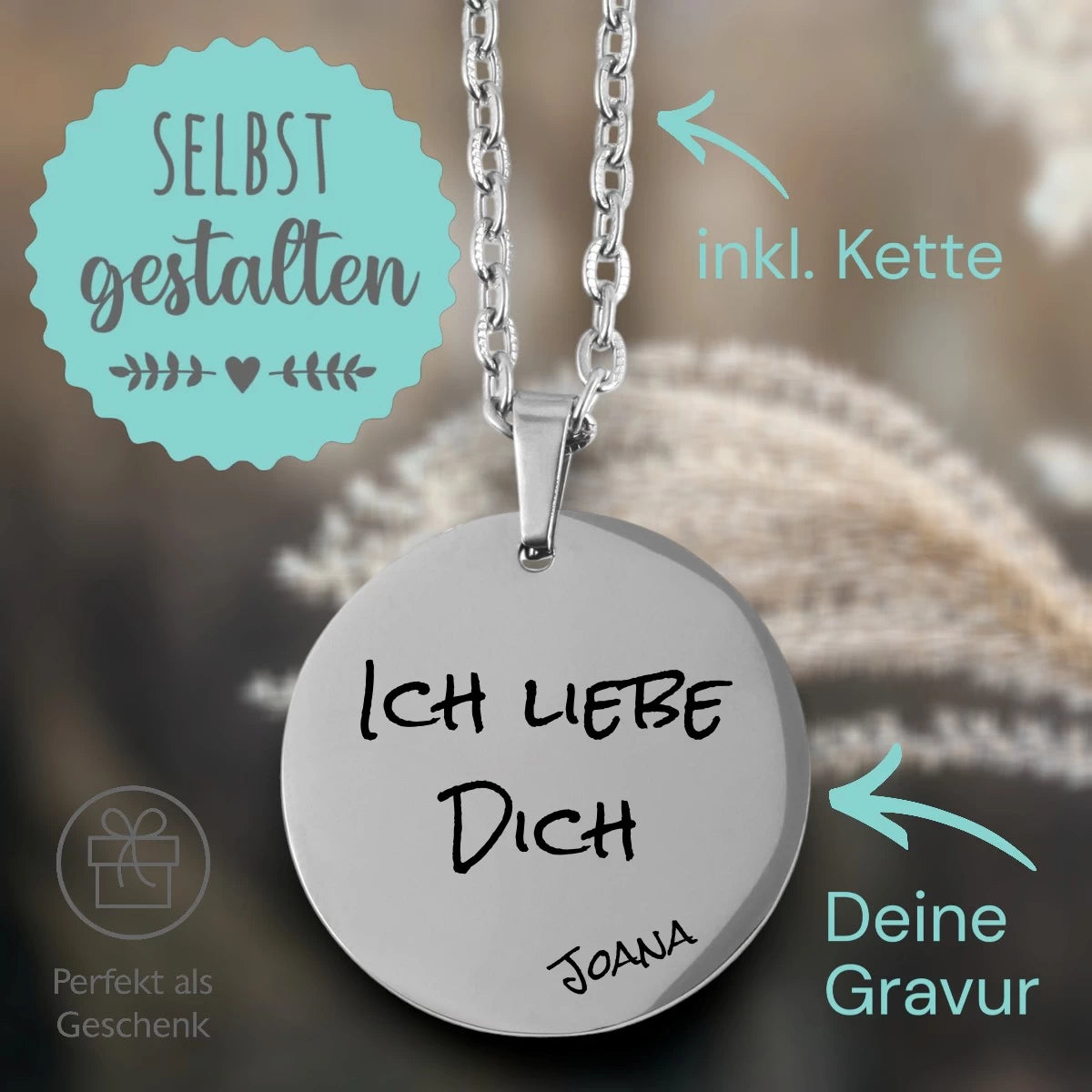 Personalisierte Kette Silber – Runder Edelstahl Anhänger (25 mm) mit Gravur & Kette