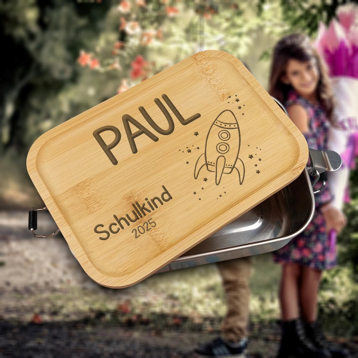 🚀 Personalisierte Brotdose zur Einschulung – „Schulkind 2025“ mit Rakete & Name