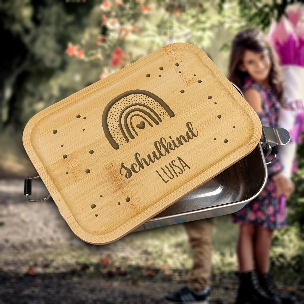 🌈 Personalisierte Brotdose mit Name zur Einschulung – Regenbogen & Punkte