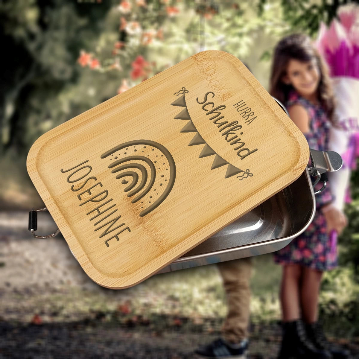 🎈 Einschulung Brotdose personalisiert – Regenbogen, Wimpel & Name