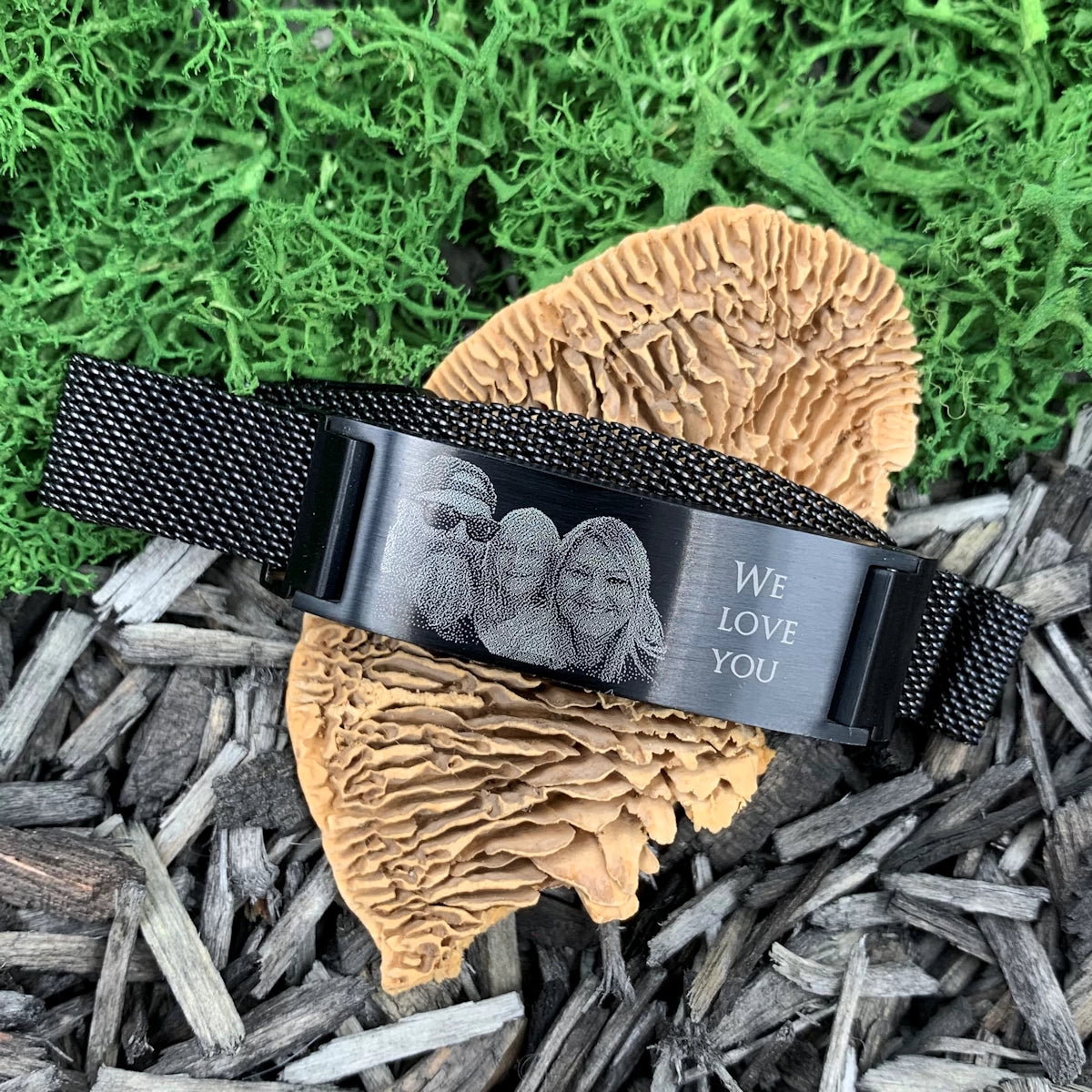 Personalisiertes Armband mit Fotogravur | Edelstahl Mesh schwarz | für Damen & Herren