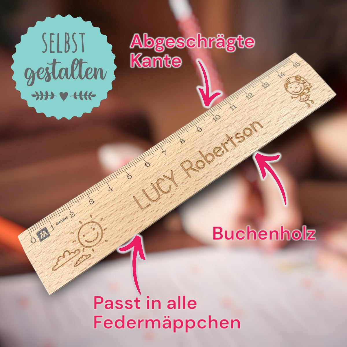 Perstonalisiertes Kinder-Holzlineal 15 cm – mit Name & Motiv graviert