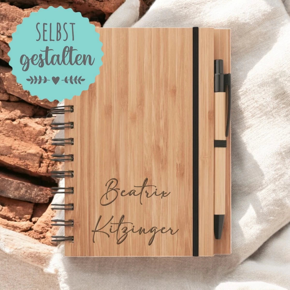 Personalisierter Notizblock Bambus und Kuli mit Namen oder Text