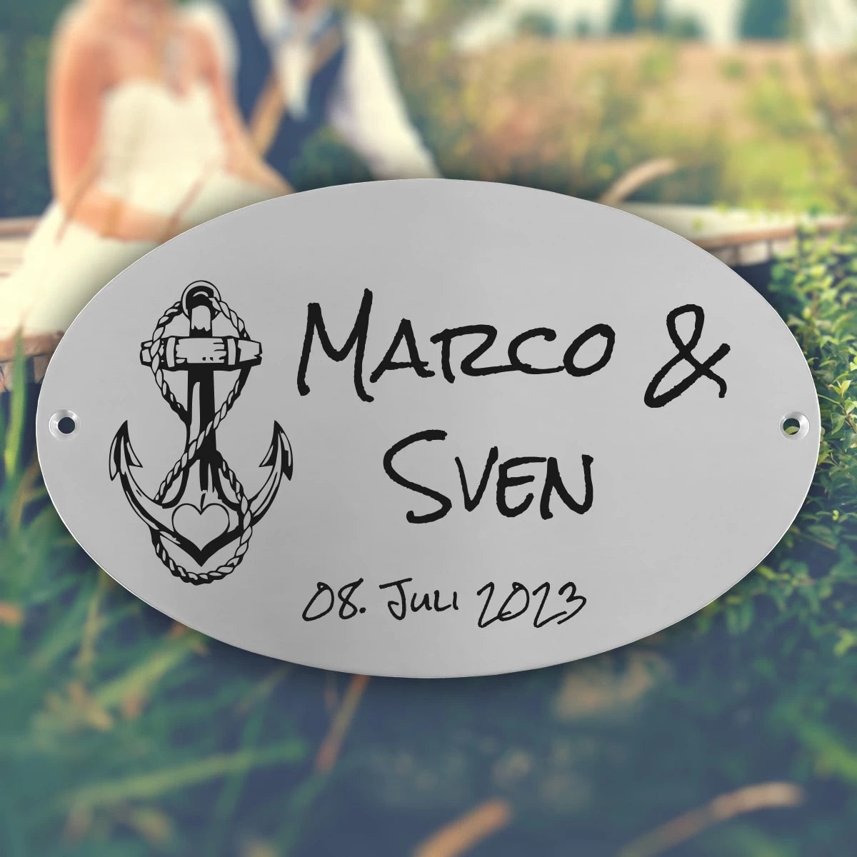 Hochzeitsschild Edelstahl mit Gravur - Oval