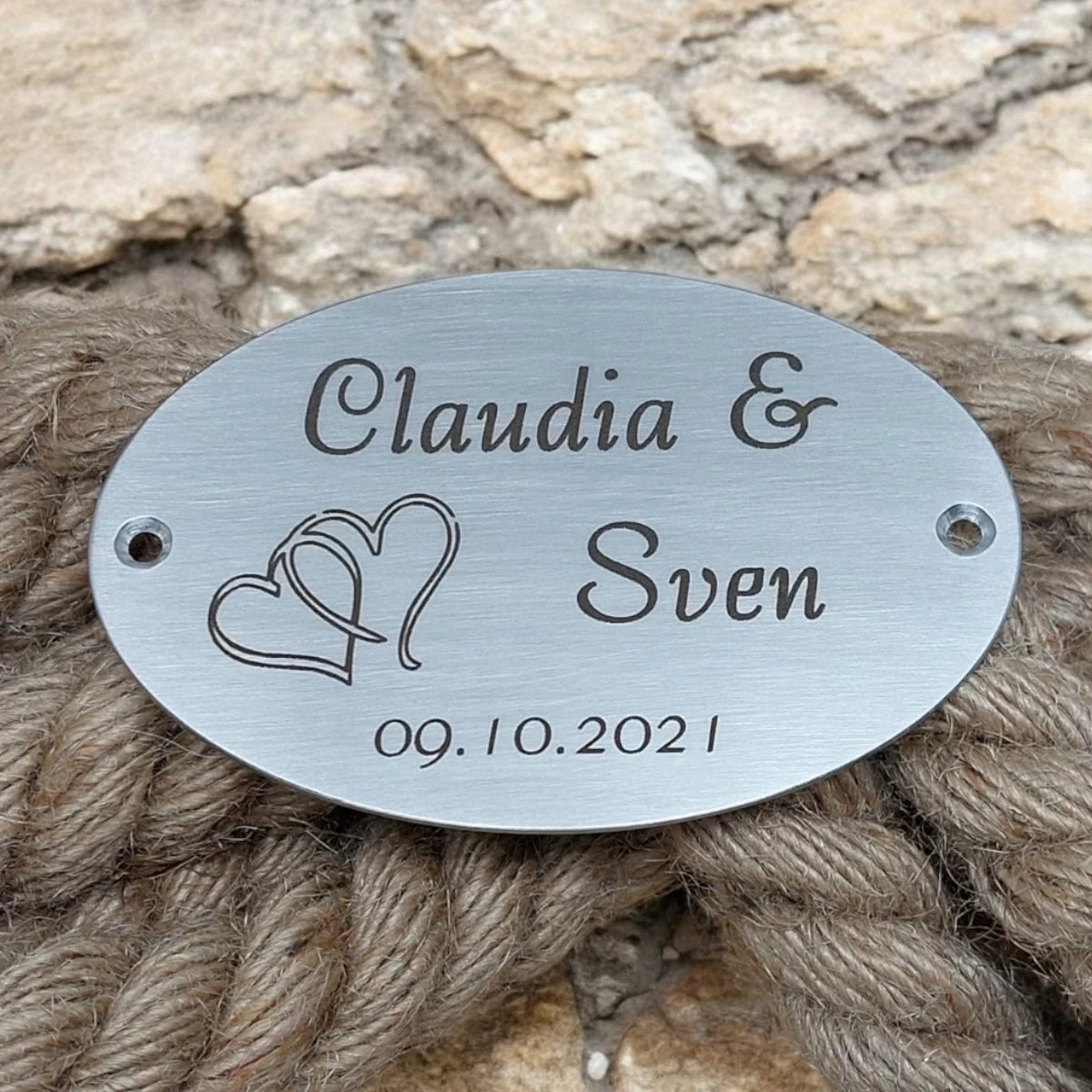 Hochzeitsschild Edelstahl mit Gravur - Oval