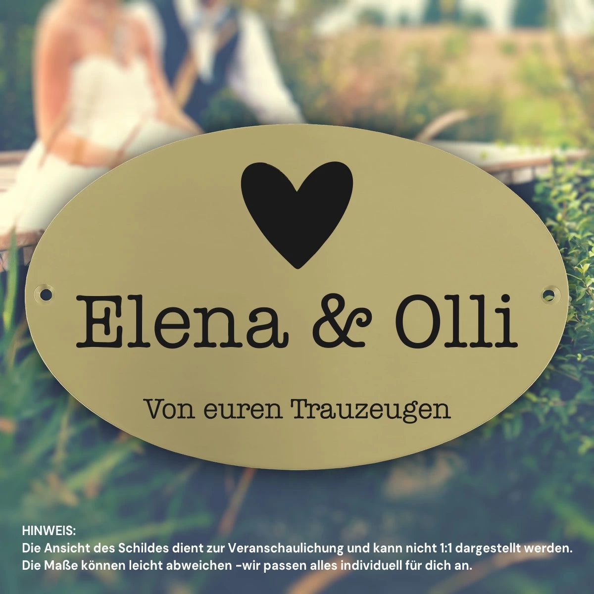 Hochzeitsschild Messing mit Gravur - Oval