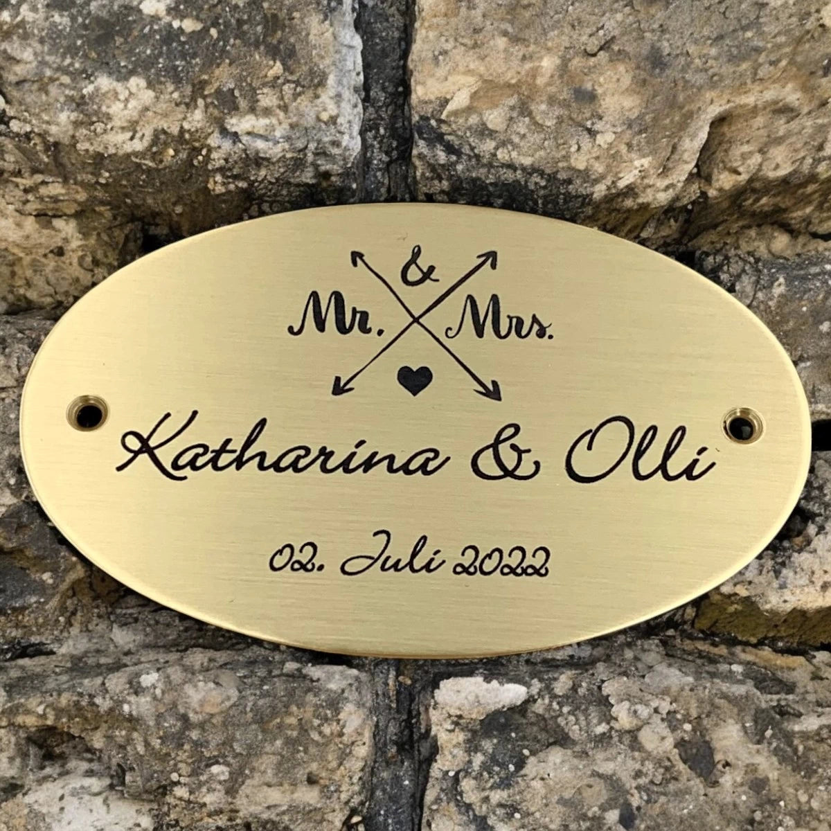 Hochzeitsschild Messing mit Gravur - Oval