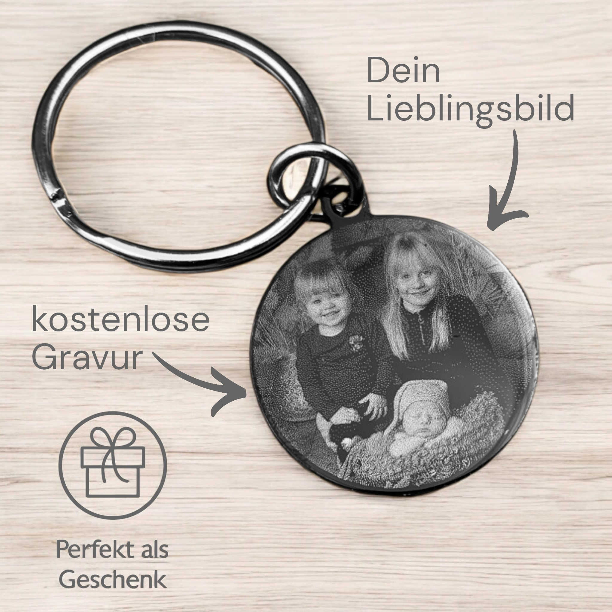 Personalisierter Schlüsselanhänger mit Fotogravur – Runde Form | Edelstahl schwarz