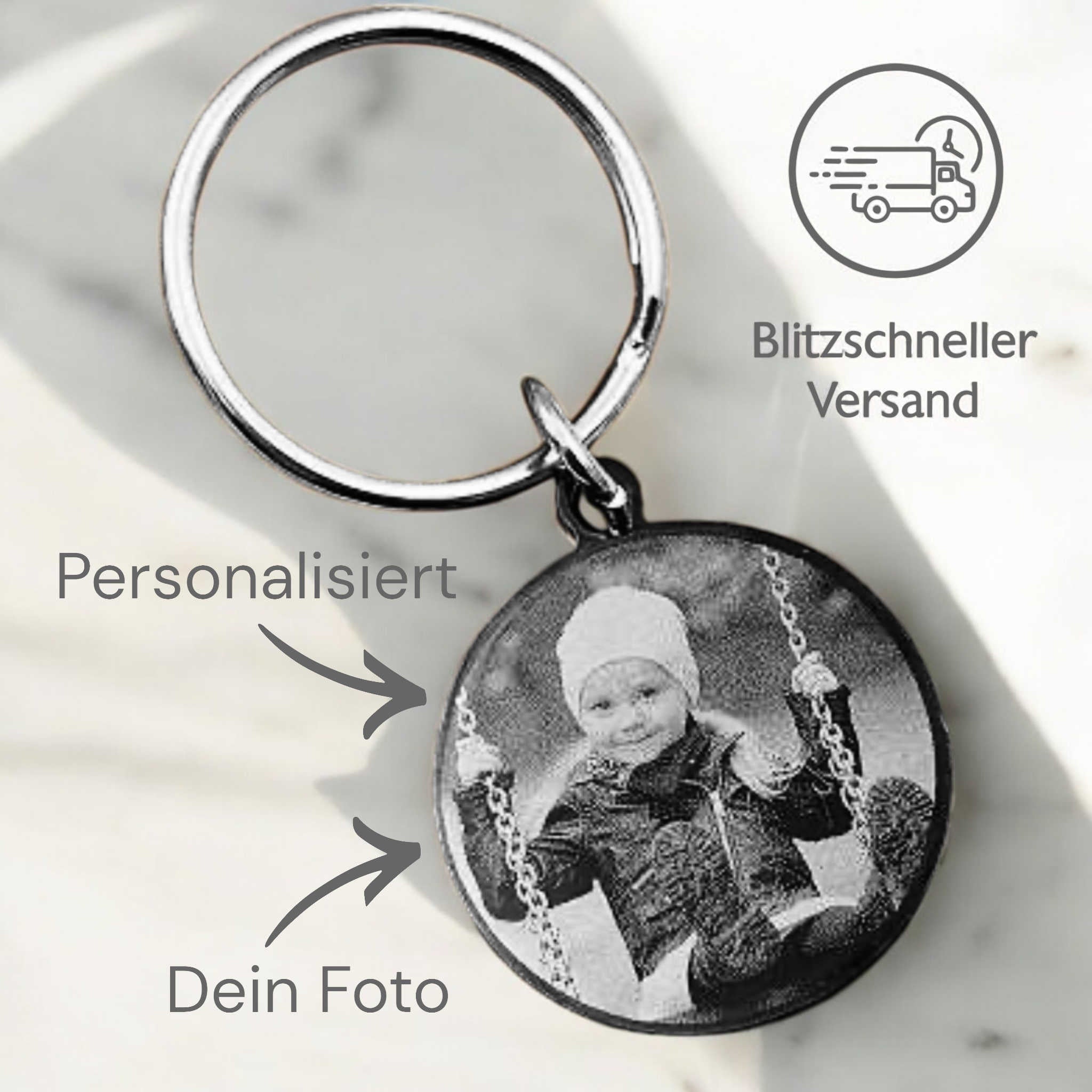 Personalisierter Schlüsselanhänger mit Fotogravur – Runde Form | Edelstahl schwarz