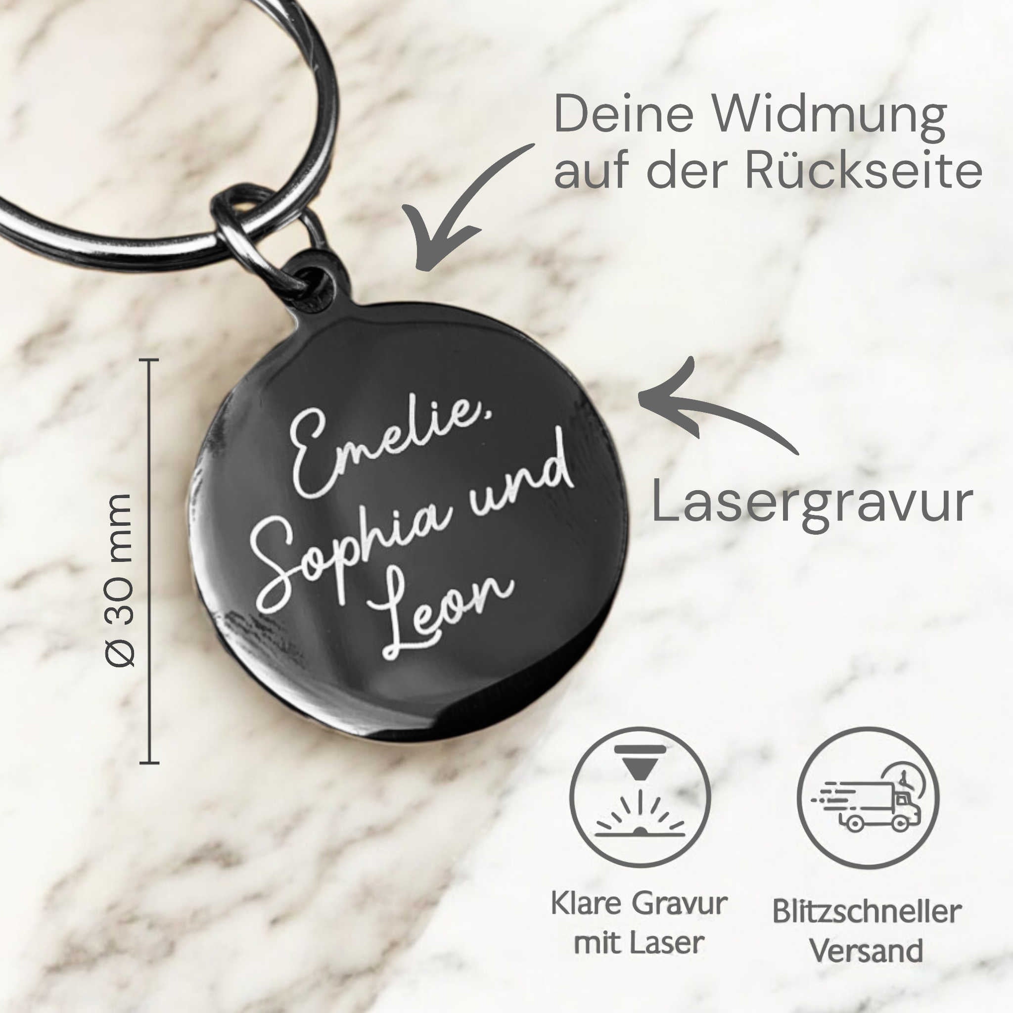Personalisierter Schlüsselanhänger mit Fotogravur – Runde Form | Edelstahl schwarz