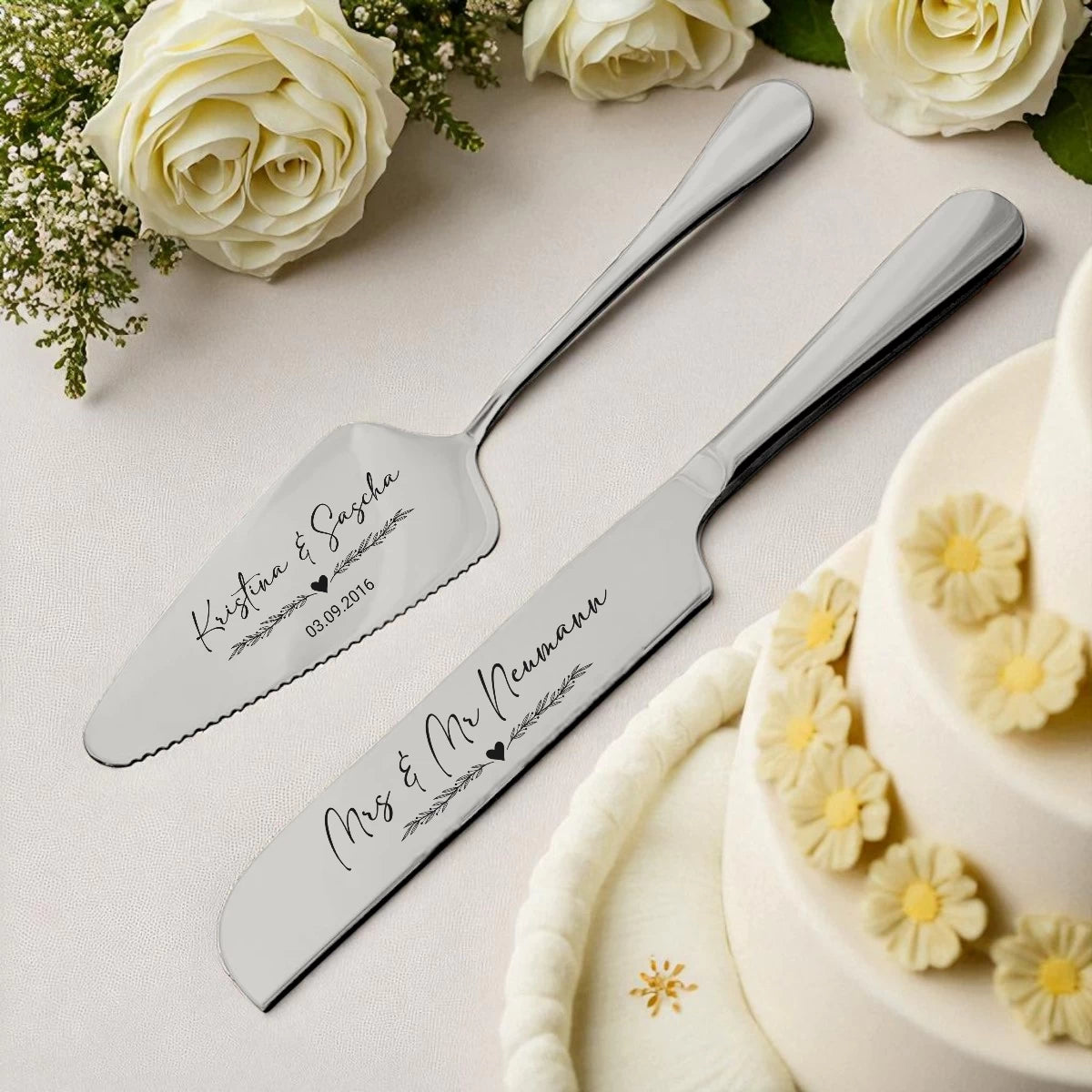 Personalisiertes Hochzeits-Tortenmesser & Tortenheber Set – Silber | Style 2