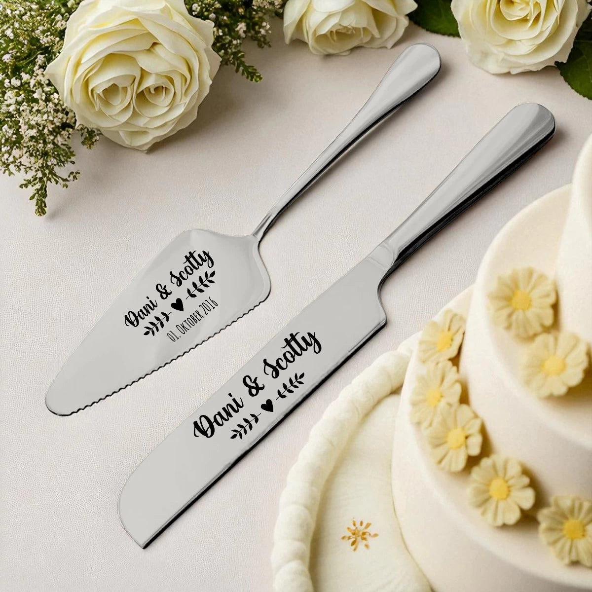 Personalisiertes Hochzeits-Tortenmesser & Tortenheber Set – Silber | Style 1