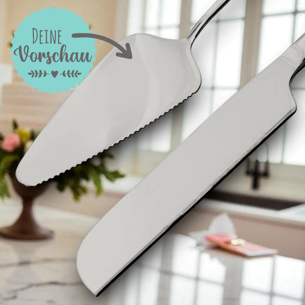 Personalisiertes Hochzeits-Tortenmesser & Tortenheber Set – Silber | Motive und Schrift frei wählbar