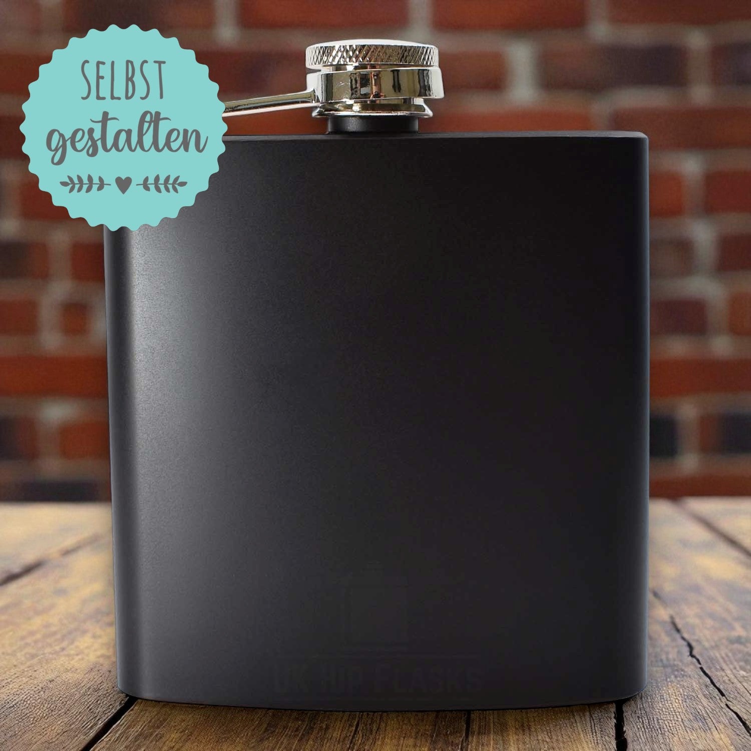 Personalisierter Flachmann Schwarz – Gravur mit Initialen, Datum & Motiv – Geschenk für Männer