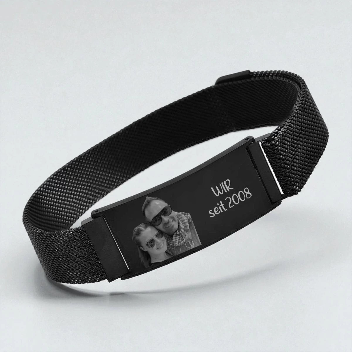Personalisiertes Armband mit Fotogravur | Edelstahl Mesh schwarz | für Damen & Herren