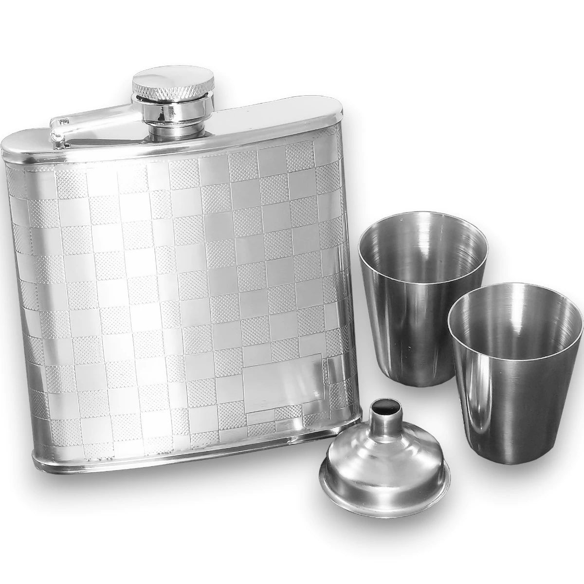 Flachmann Set mit Gravur – Edelstahl-Karo-Design inkl. Becher & Trichter in Geschenkbox