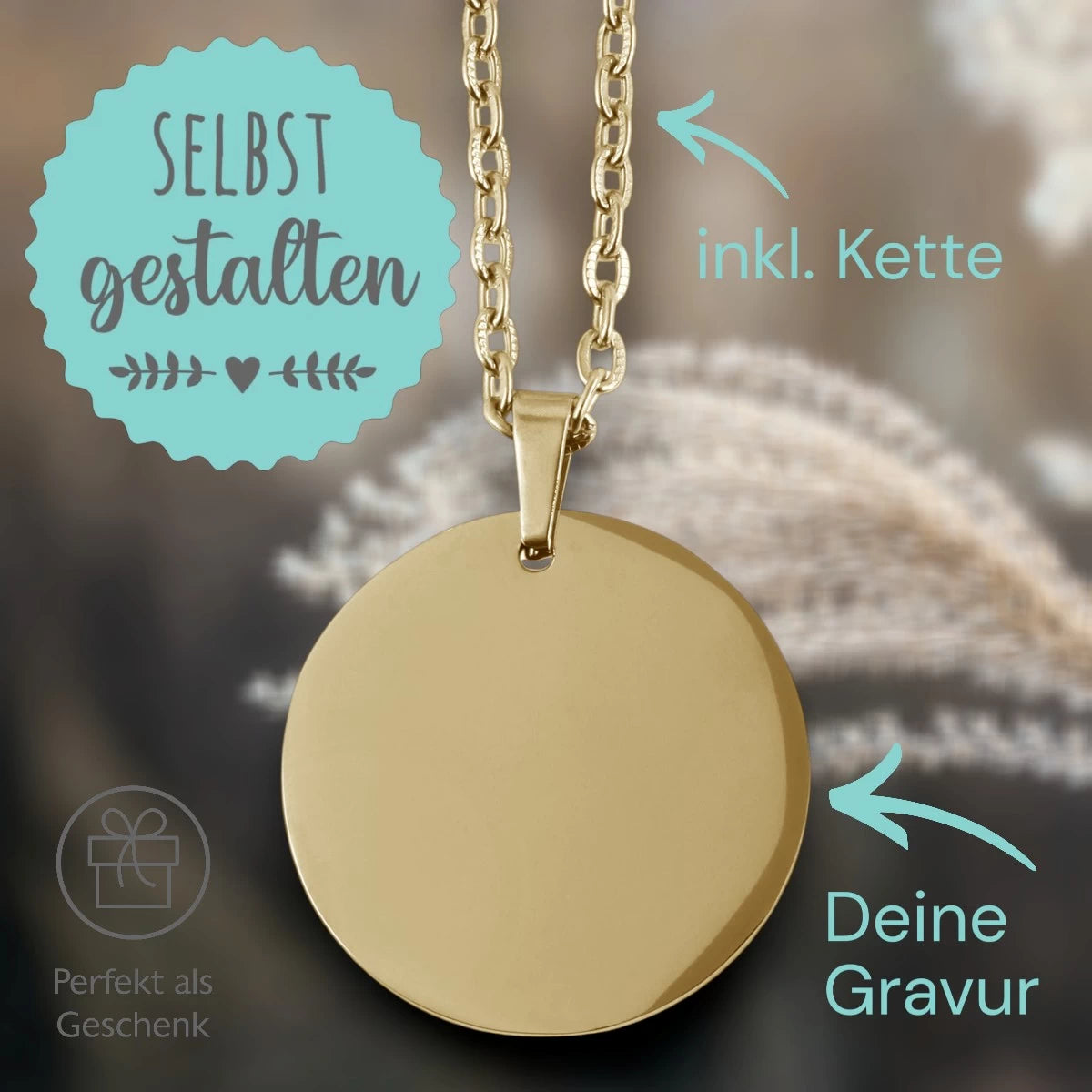 Personalisierte Kette Gold – Runder Edelstahl Anhänger (25 mm) mit Gravur & Kette