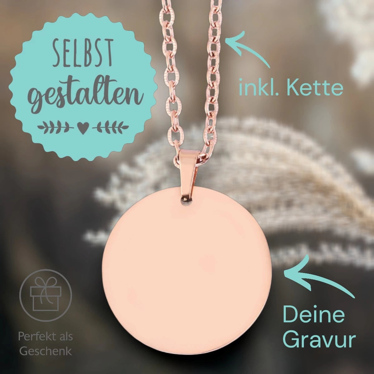 Personalisierte Kette Roségold – Runder Edelstahl Anhänger (25 mm) mit Gravur & Kette