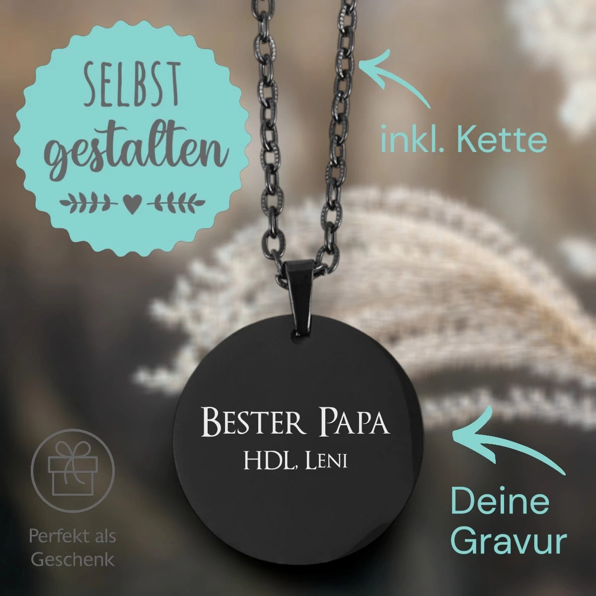 Personalisierte Kette Schwarz – Runder Edelstahl Anhänger (25 mm) mit Gravur & Kette