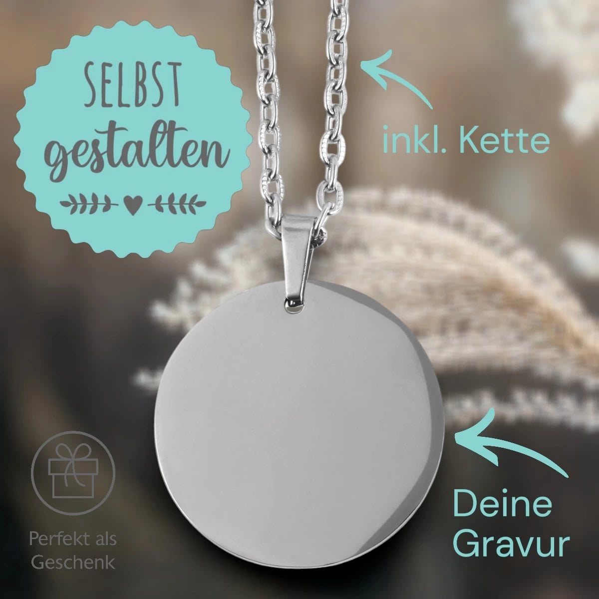 Personalisierte Kette Silber – Runder Edelstahl Anhänger (25 mm) mit Gravur & Kette