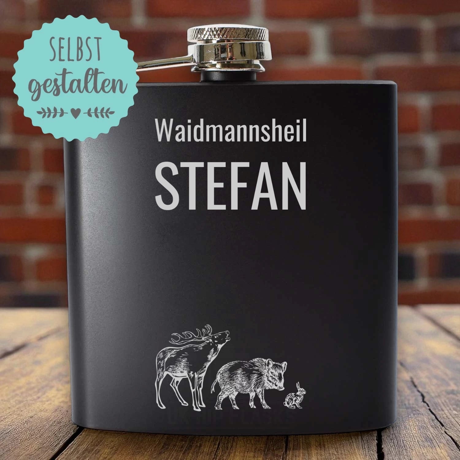 Personalisierter Flachmann Schwarz – Gravur mit Initialen, Datum & Motiv – Geschenk für Männer