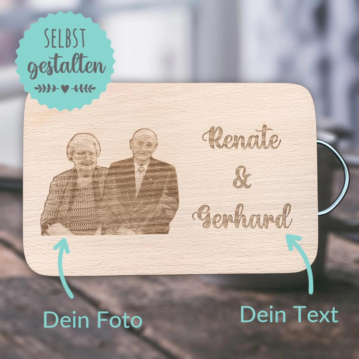 Personalisiertes Schneidebrett mit Gravur – Eigenes Foto & Text | Buchenholz mit Metallgriff