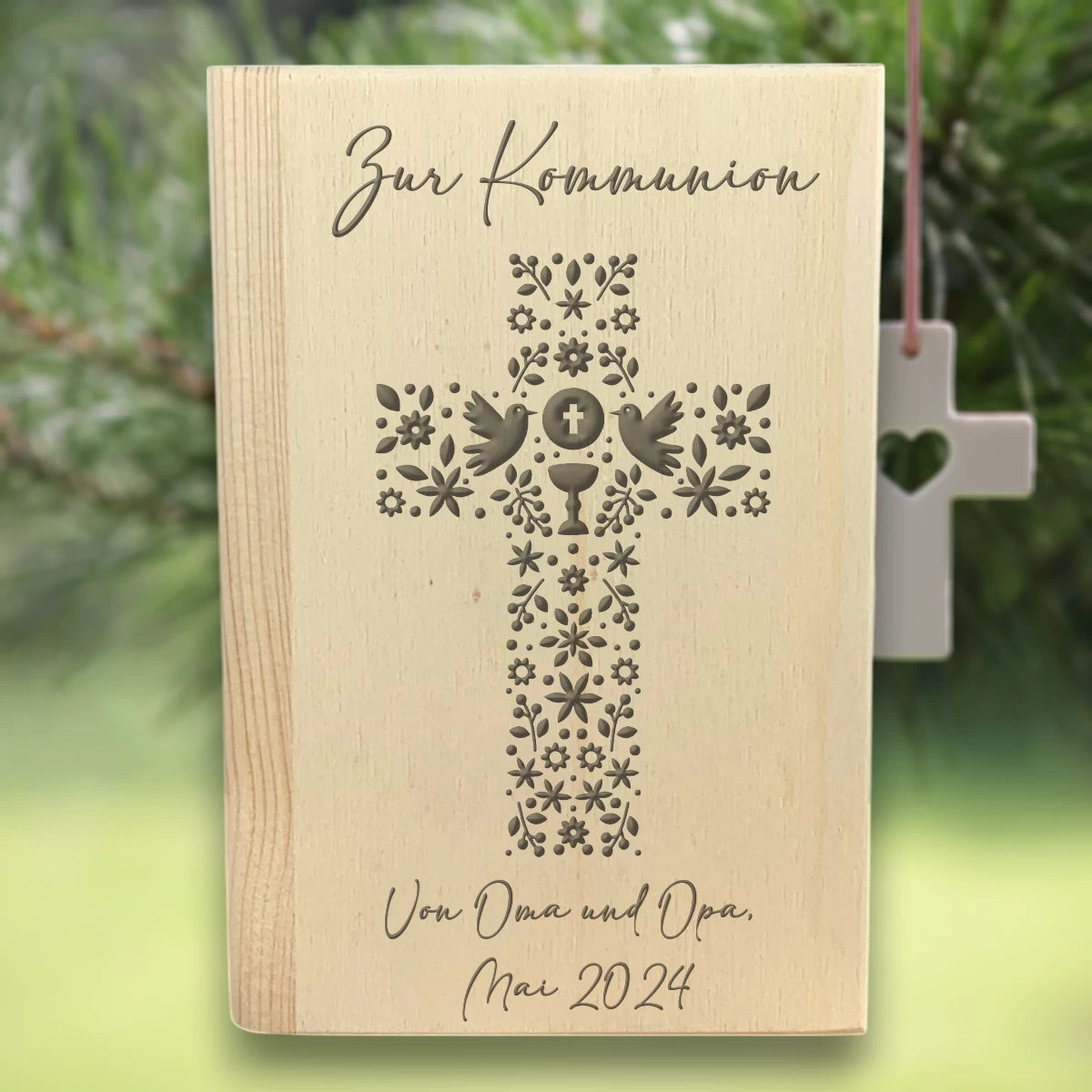 Personalisierte Spardose |Sparbuch | zur Kommunion oder Konfirmation – Kreuz Floral