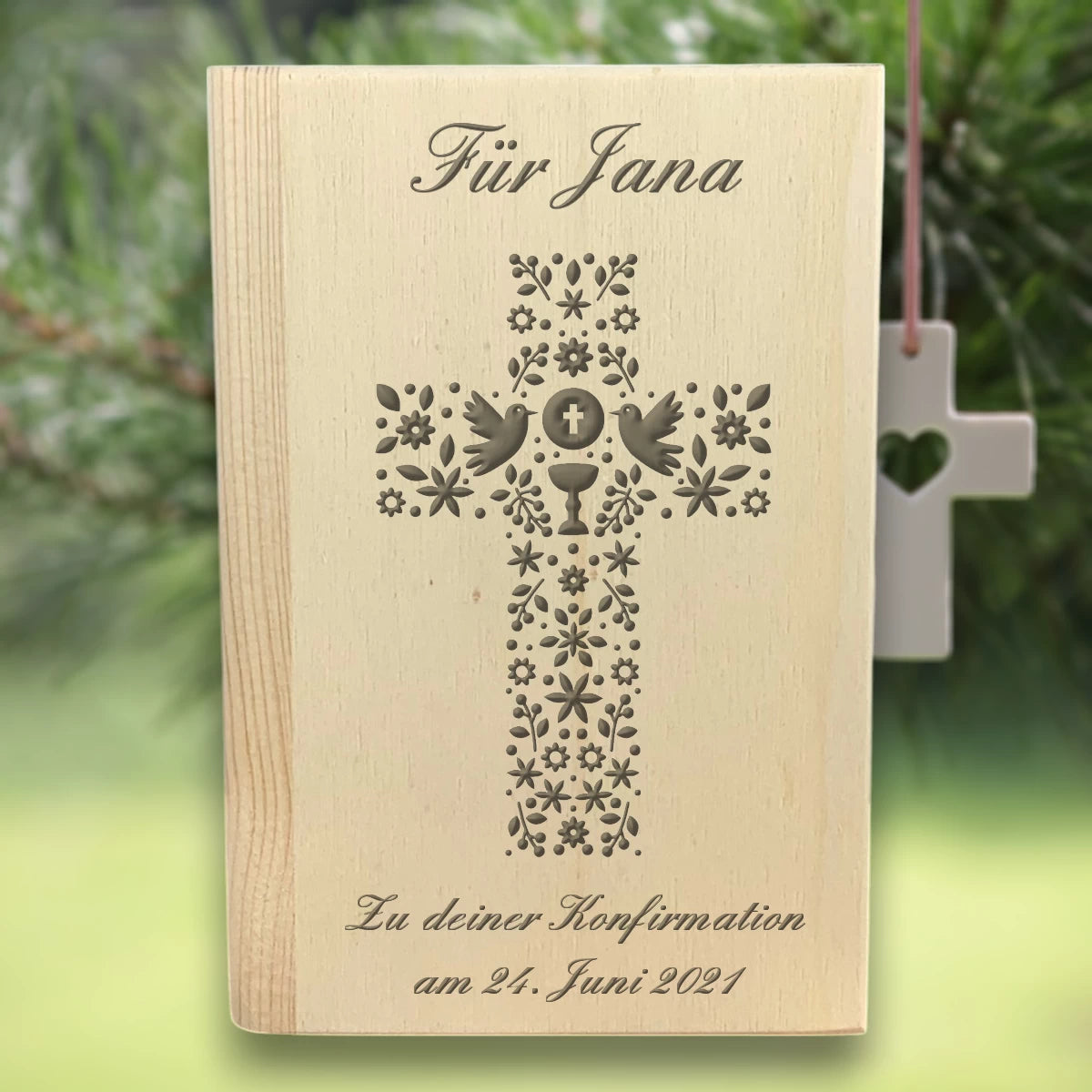 Personalisierte Spardose |Sparbuch | zur Kommunion oder Konfirmation – Kreuz Floral