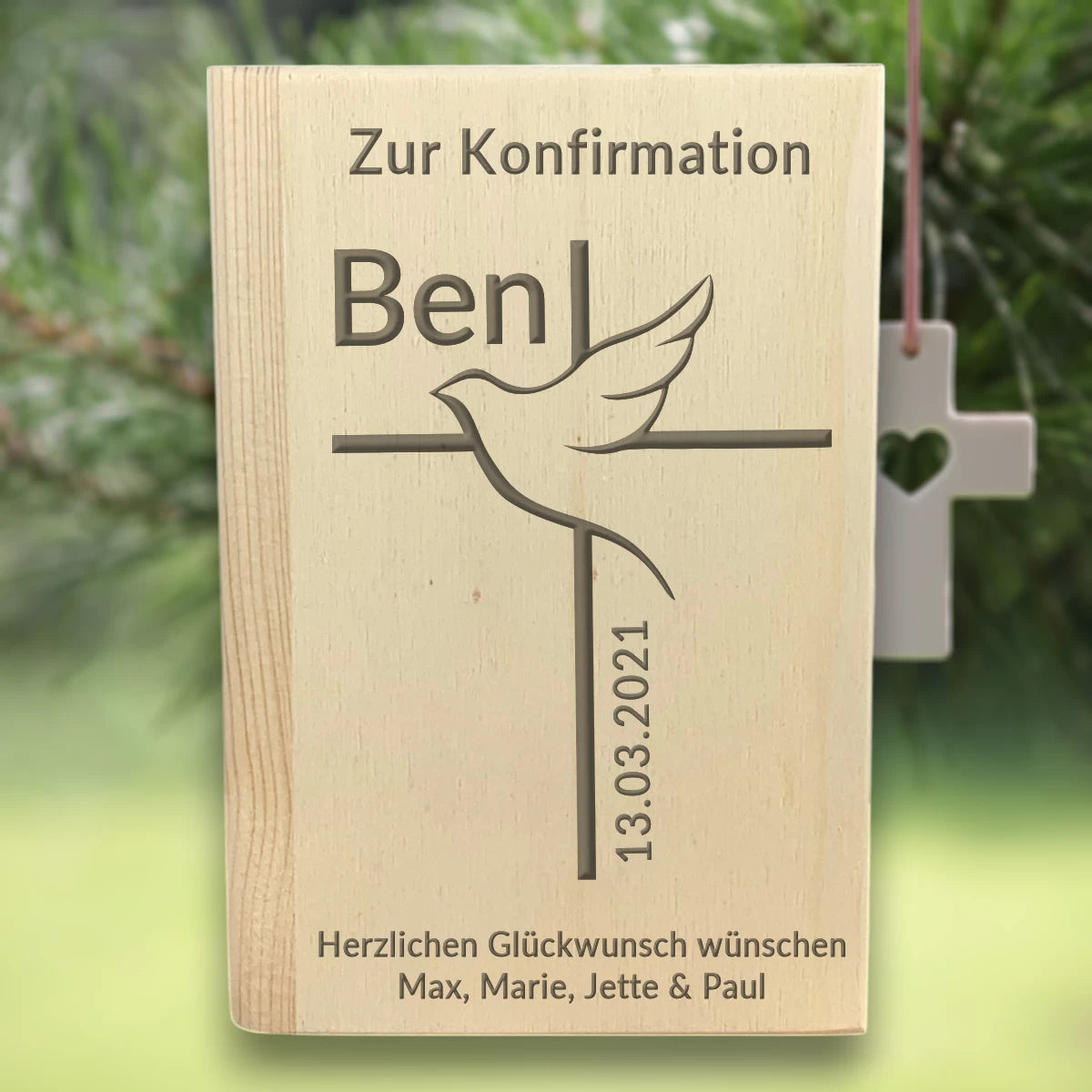 Personalisierte Spardose |Sparbuch | zur Kommunion oder Konfirmation – Kreuz Taube