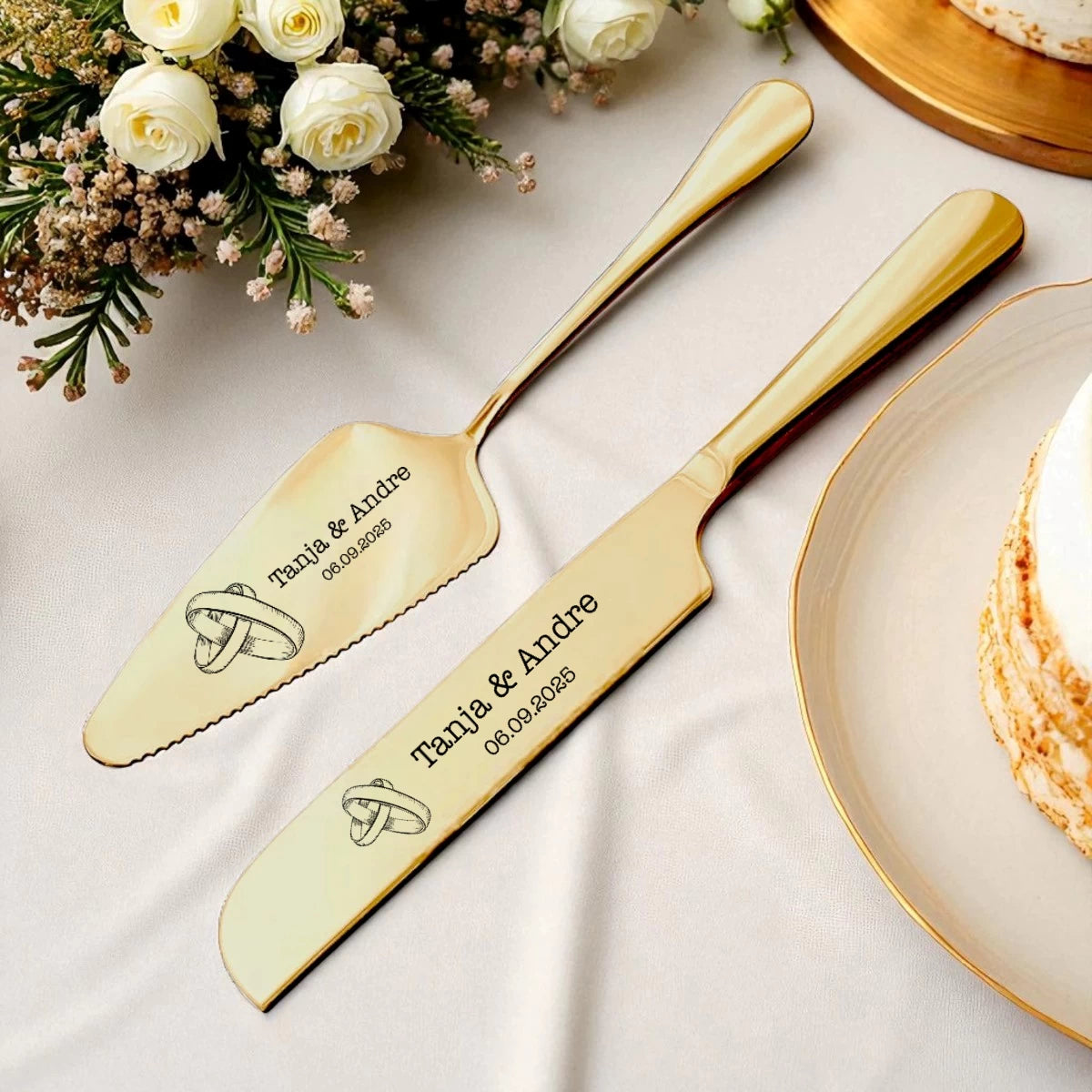 Personalisiertes Hochzeits-Tortenmesser & Tortenheber Set – Gold | Motive und Schrift frei wählbar
