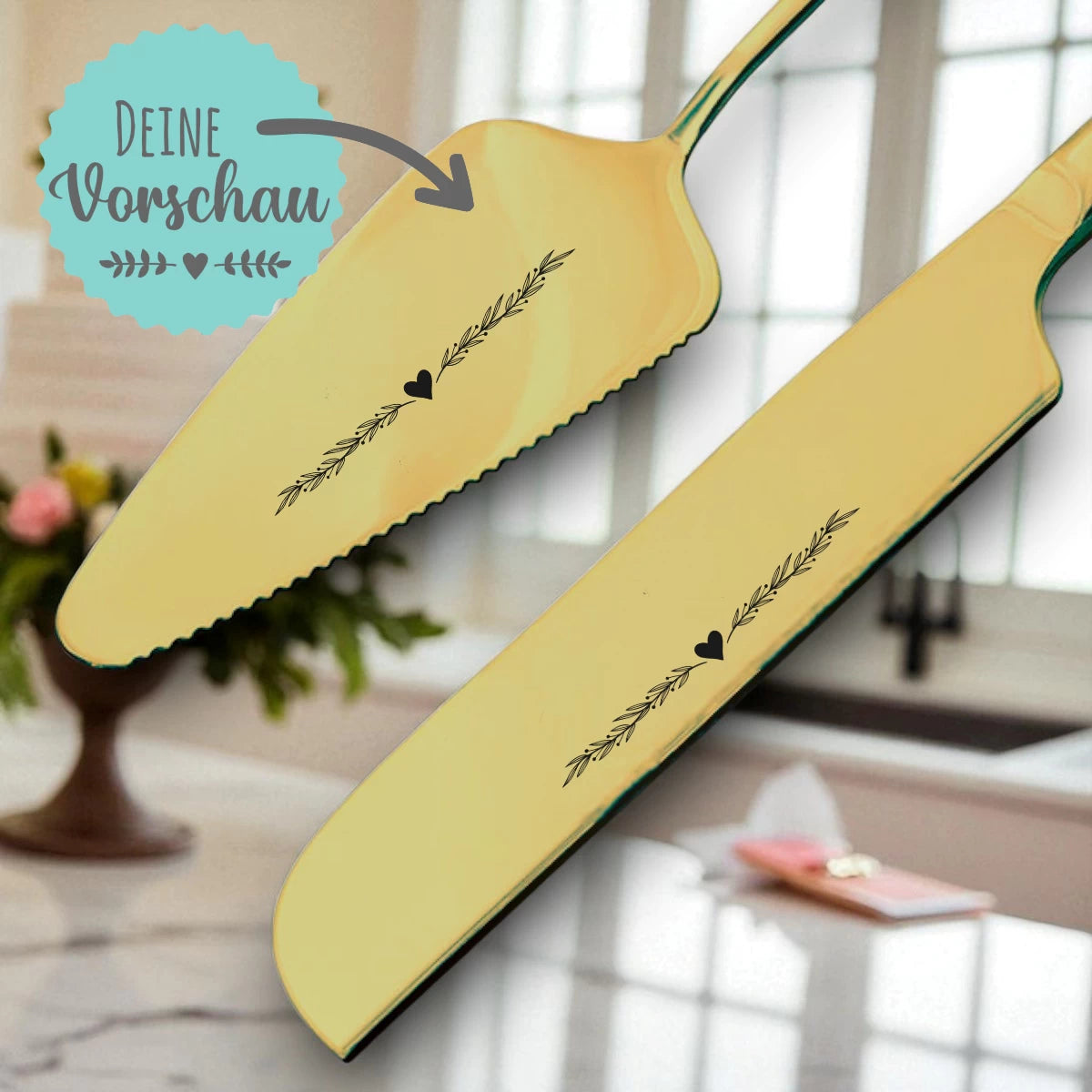 Personalisiertes Hochzeits-Tortenmesser & Tortenheber Set – Gold | Style 2