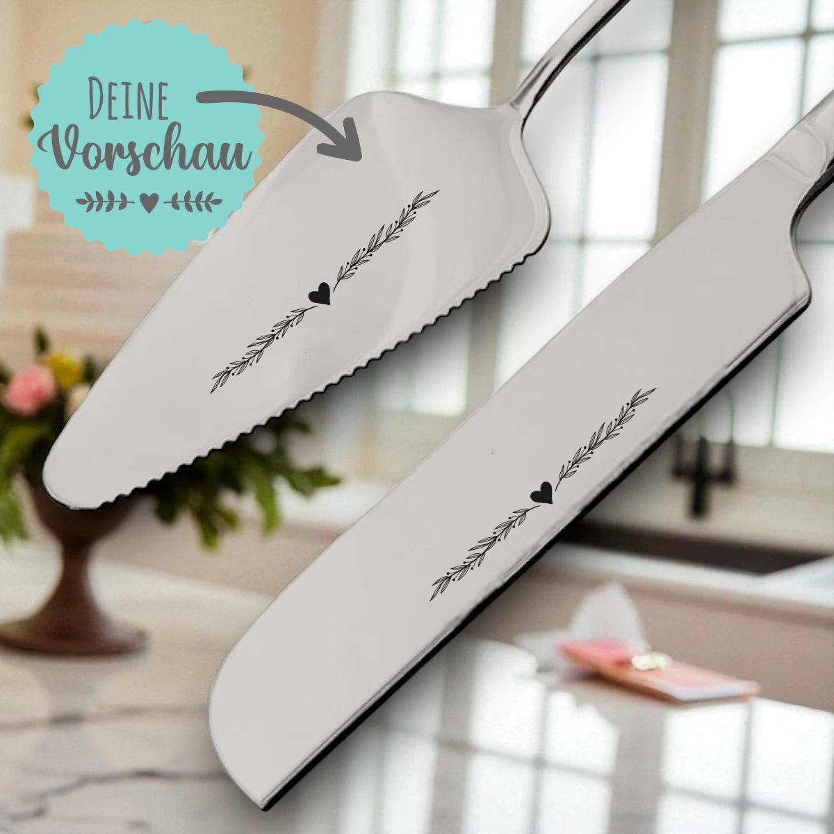Personalisiertes Hochzeits-Tortenmesser & Tortenheber Set – Silber | Style 2